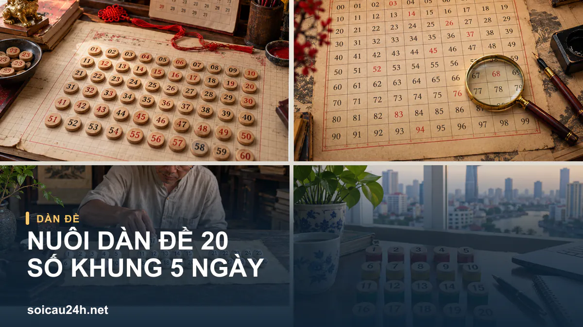 Ảnh dãy 20 bộ số và sổ ghi chép minh họa Nuôi dàn đề 20 số khung 5 ngày.
