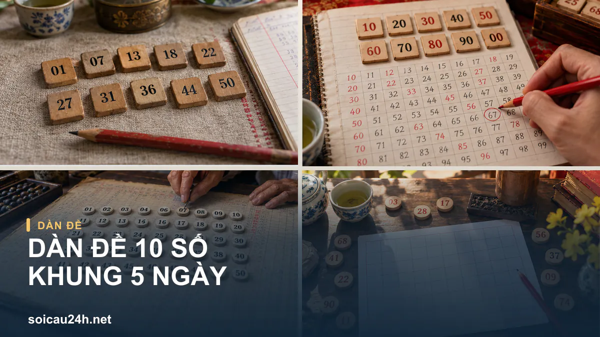 Ảnh dãy 10 bộ số và sổ ghi chép minh họa Dàn đề 10 số khung 5 ngày.