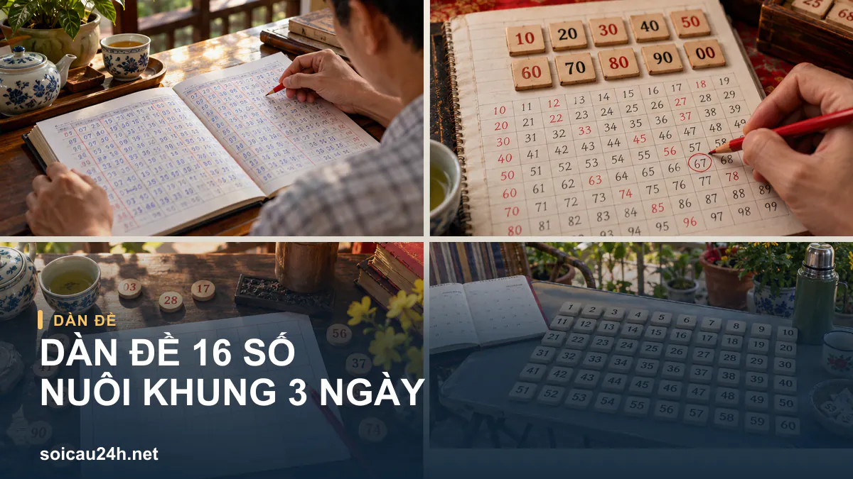 Ảnh dãy 16 bộ số và sổ ghi chép minh họa Dàn đề 16 số nuôi khung 3 ngày.